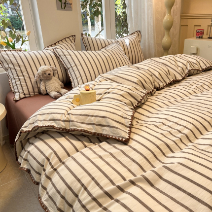 莱茵家居 2024新款A类多巴胺撞色全棉水洗棉四件套 棕苏条