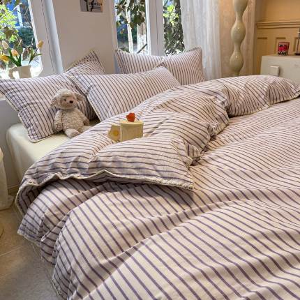 莱茵家居 2024新款A类多巴胺撞色全棉水洗棉四件套 紫苏条