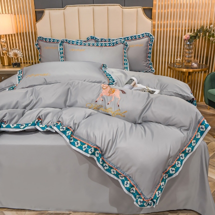 91家纺网 家纺一手货源 找家纺 （总）2025宽边数码印花水洗真丝绣花四件套 轻奢刺绣冰丝天丝套件