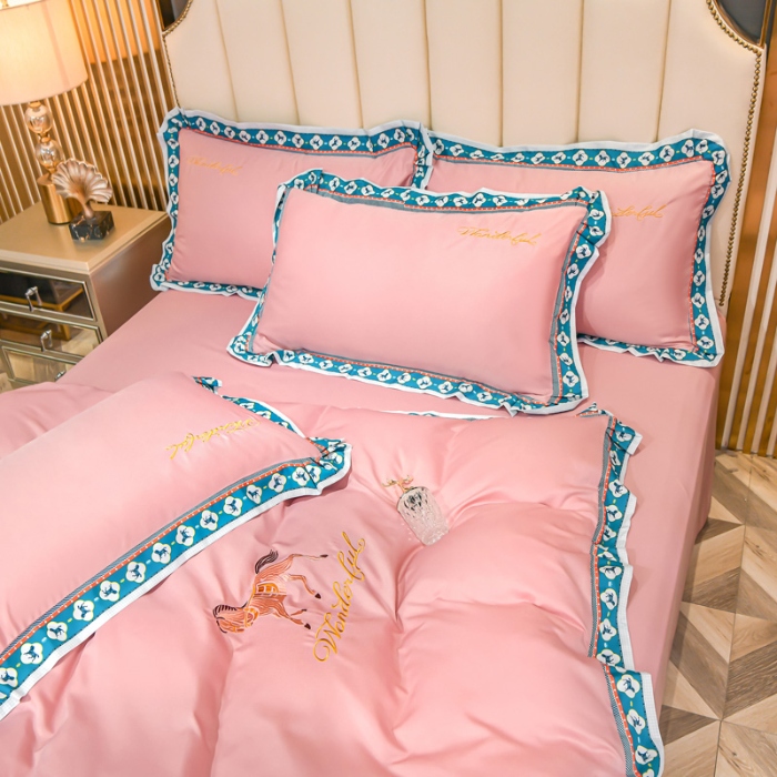 91家纺网 家纺一手货源 找家纺 （总）2025宽边数码印花水洗真丝绣花四件套 轻奢刺绣冰丝天丝套件