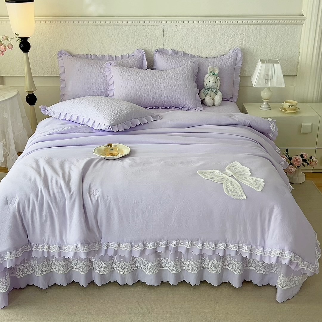 91家纺网 家纺一手货源 找家纺 （总）2025韩版少女心法式公主风水洗棉蕾丝花边夏被床盖款四件套泡泡棉小竺棉凉蝴蝶结夏被床盖款四件套