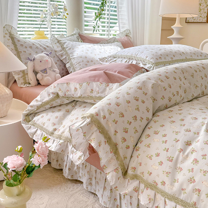 艾唯希家纺 2024新款全棉法式花边四件套 浅爱