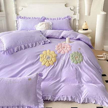 91家纺网 家纺一手货源 找家纺 （总）2025新款水洗棉立体刺绣四件套贴布绣花卉双层纱棉麻泡泡纱泡泡棉小竺棉四件套公主风