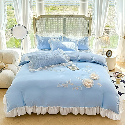 91家纺网 家纺一手货源 找家纺 韩版花边公主风甜美少女心水洗棉床盖款四件套泡泡棉双层纱棉麻小竺棉纯棉全棉夏被床盖四件套小竺棉纯棉全棉夏被床盖四件套 