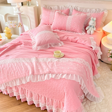 2025韩版少女心法式公主风水洗棉蕾丝花边绣花夏被床盖款四件套泡泡棉小竺棉凉感丝夏被床盖款四件套