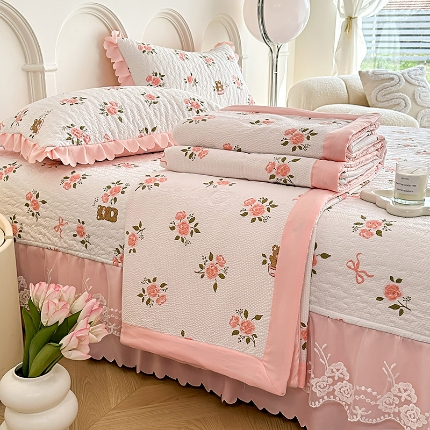 91家纺网 家纺一手货源 找家纺 A类水洗棉麻双层纱床盖款夏被四件套夹棉床裙蕾丝花边纯棉全棉夏凉被套床盖