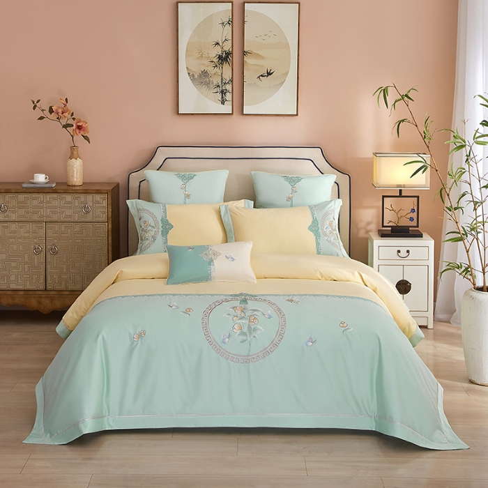 91家纺网 家纺一手货源 找家纺 【2024】50S50支澳棉刺绣长绒棉四件套全棉新中式花卉直播爆款线下批发 山花浪漫