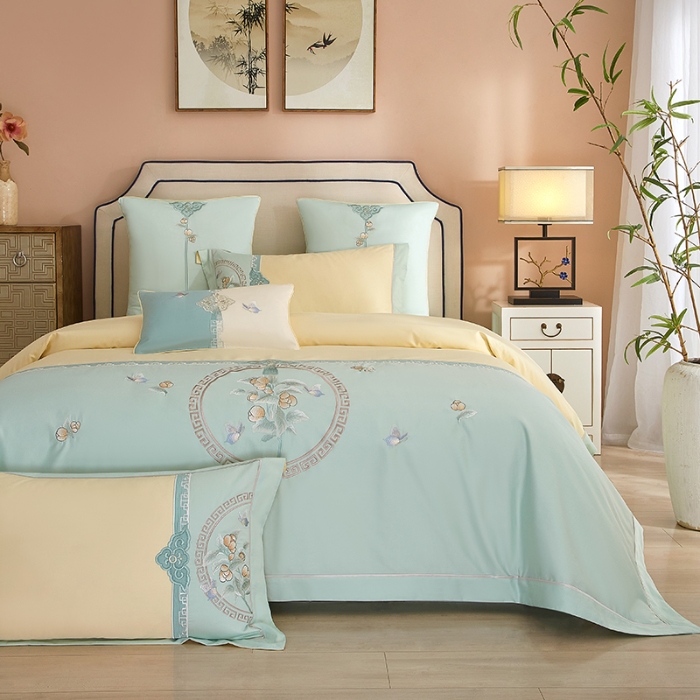 91家纺网 家纺一手货源 找家纺 【2024】50S50支澳棉刺绣长绒棉四件套全棉新中式花卉直播爆款线下批发 山花浪漫