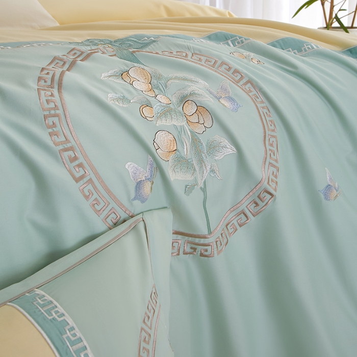 91家纺网 家纺一手货源 找家纺 【2024】50S50支澳棉刺绣长绒棉四件套全棉新中式花卉直播爆款线下批发 山花浪漫