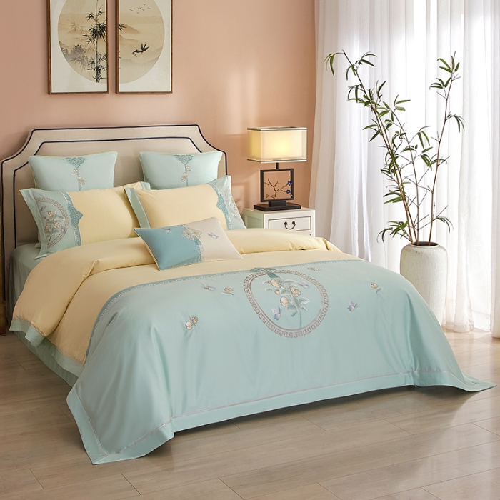 91家纺网 家纺一手货源 找家纺 【2024】50S50支澳棉刺绣长绒棉四件套全棉新中式花卉直播爆款线下批发 山花浪漫