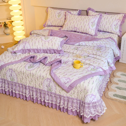 美莱家纺 2024新款软糯泡泡棉蕾丝床盖床盖四件套单品系列-床盖夏被四件套 薰衣草紫