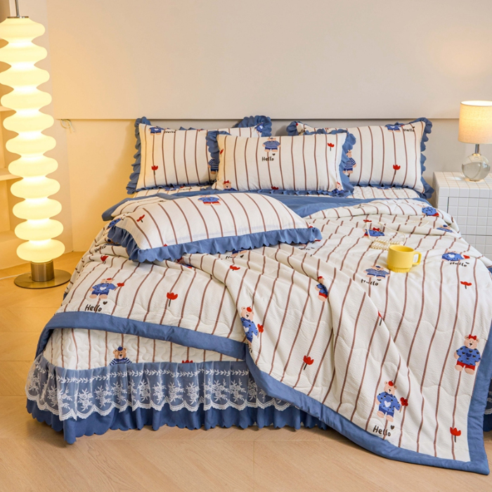 91家纺网 家纺一手货源 找家纺 美莱家纺 2024新款软糯泡泡棉蕾丝床盖床盖四件套单品系列-床盖夏被四件套 小熊公仔