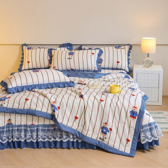 91家纺网 家纺一手货源 找家纺 美莱家纺 2024新款软糯泡泡棉蕾丝床盖床盖四件套单品系列-床盖夏被四件套 小熊公仔