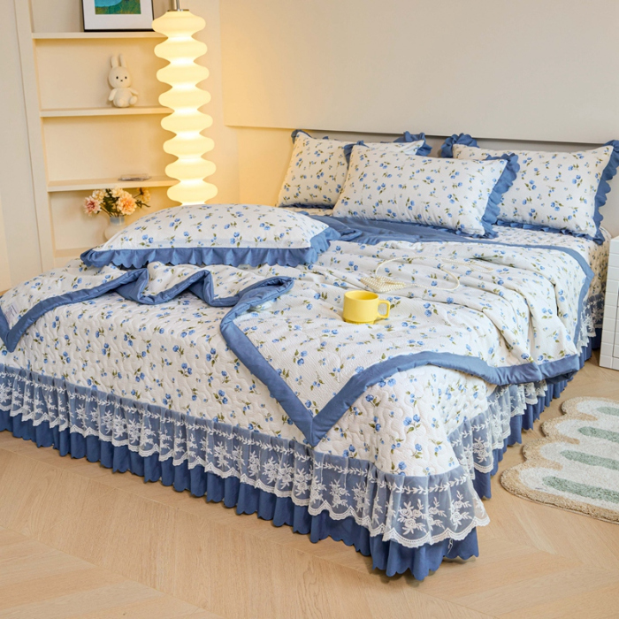 91家纺网 家纺一手货源 找家纺 美莱家纺 2024新款软糯泡泡棉蕾丝床盖床盖四件套单品系列-床盖夏被四件套 海棠