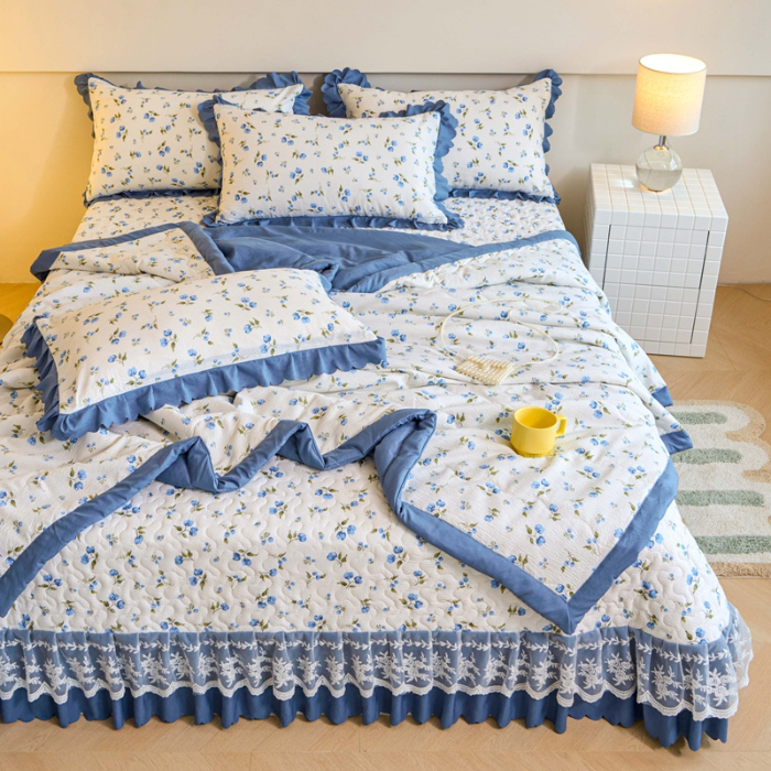 91家纺网 家纺一手货源 找家纺 美莱家纺 2024新款软糯泡泡棉蕾丝床盖床盖四件套单品系列-床盖夏被四件套 海棠