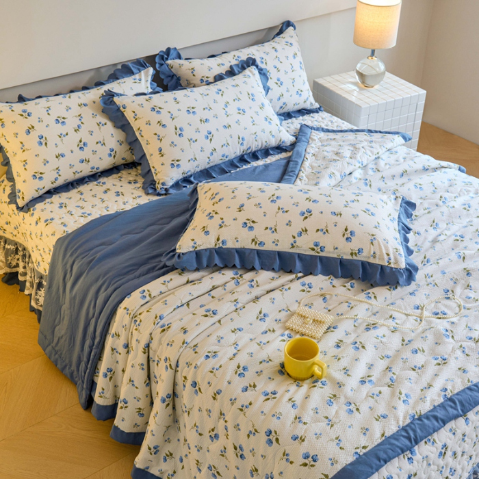 91家纺网 家纺一手货源 找家纺 美莱家纺 2024新款软糯泡泡棉蕾丝床盖床盖四件套单品系列-床盖夏被四件套 海棠