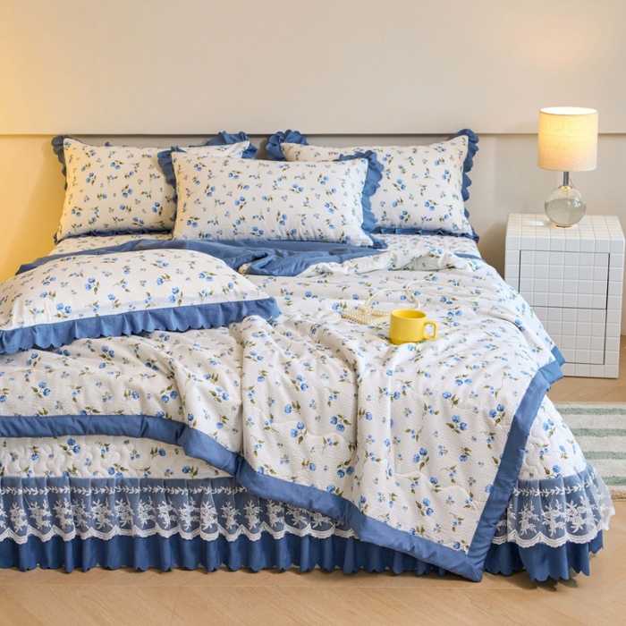 91家纺网 家纺一手货源 找家纺 美莱家纺 2024新款软糯泡泡棉蕾丝床盖床盖四件套单品系列-床盖夏被四件套 海棠