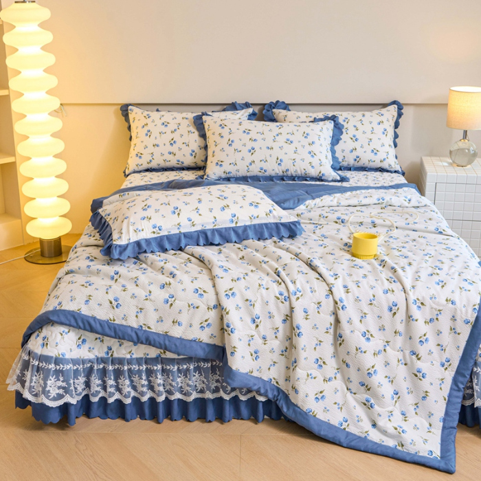 91家纺网 家纺一手货源 找家纺 美莱家纺 2024新款软糯泡泡棉蕾丝床盖床盖四件套单品系列-床盖夏被四件套 海棠