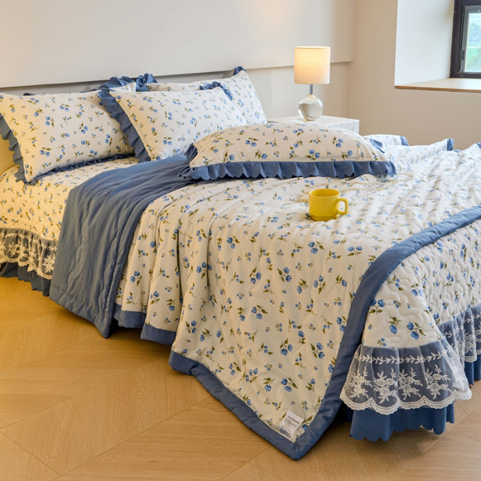 91家纺网 家纺一手货源 找家纺 美莱家纺 2024新款软糯泡泡棉蕾丝床盖床盖四件套单品系列-床盖夏被四件套 海棠