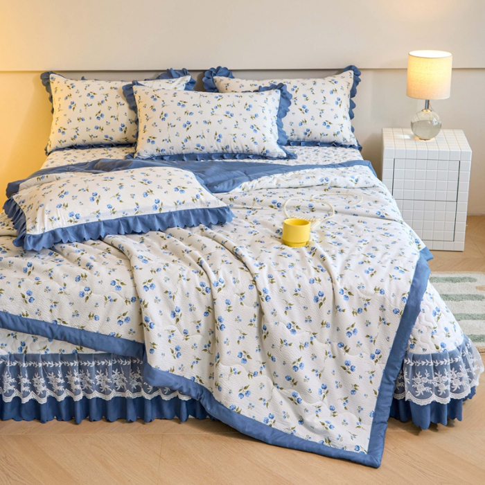 91家纺网 家纺一手货源 找家纺 美莱家纺 2024新款软糯泡泡棉蕾丝床盖床盖四件套单品系列-床盖夏被四件套 海棠