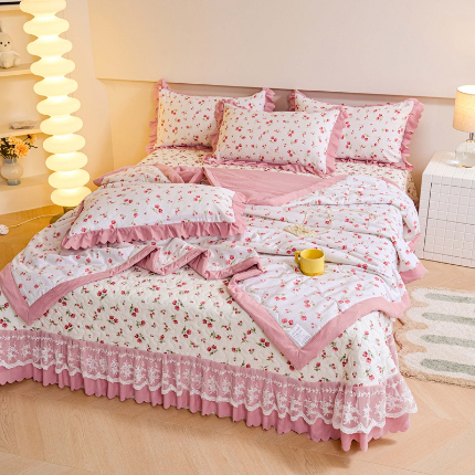 美莱家纺 2024新款软糯泡泡棉蕾丝床盖床盖四件套单品系列-床盖夏被四件套 樱花