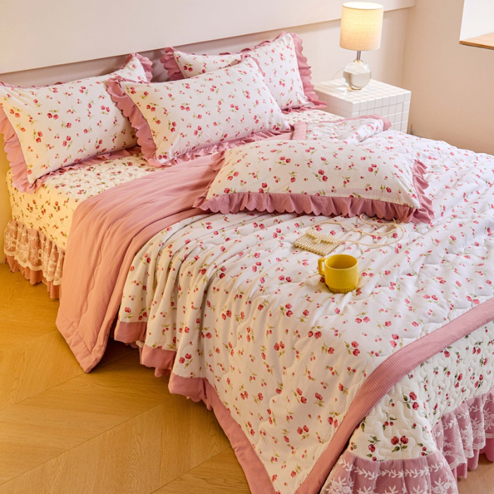91家纺网 家纺一手货源 找家纺 美莱家纺 2024新款软糯泡泡棉蕾丝床盖床盖四件套单品系列-床盖夏被四件套 樱花