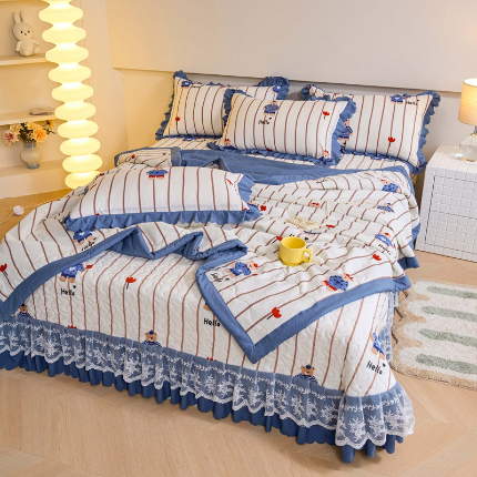 91家纺网 家纺一手货源 找家纺 （总）美莱家纺 2024新款软糯泡泡棉蕾丝床盖床盖四件套单品系列-床盖夏被四件套