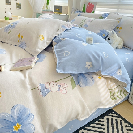 优逸家纺 2025新款植物羊绒小清新斜纹磨毛四件套 白月光