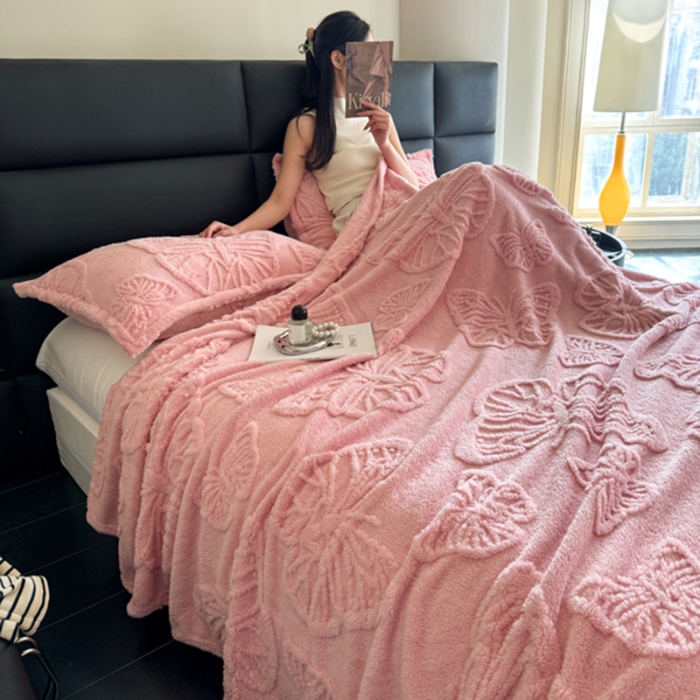 91家纺网 家纺一手货源 找家纺 （总）2025款塔芙绒蝴蝶提花毛毯 纯色多功能休闲盖毯 爆款花型 电商/直播/外贸/跨境专供 