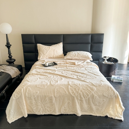 2025款塔芙绒蝴蝶提花毛毯 纯色多功能休闲盖毯 爆款花型 电商/直播/外贸/跨境专供  蝴蝶白