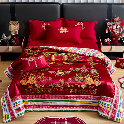 91家纺网 家纺一手货源 找家纺 （总）玉雅家纺 2025新款婚庆绸缎被面结婚喜被龙凤百子单被套