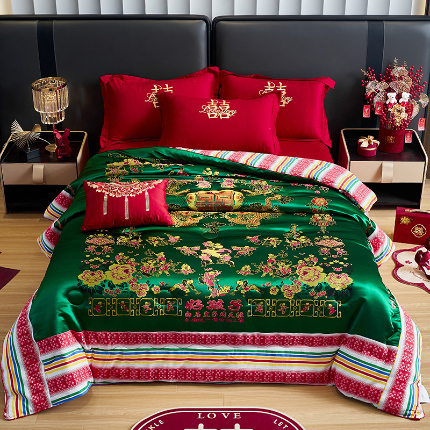 91家纺网 家纺一手货源 找家纺 （总）玉雅家纺 2025新款婚庆绸缎被面结婚喜被龙凤百子单被套