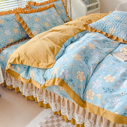 91家纺网 家纺一手货源 找家纺 佰诗特 2025A类双层纱水洗棉麻床盖四件套 夹棉印花花边床盖三件套加厚床裙