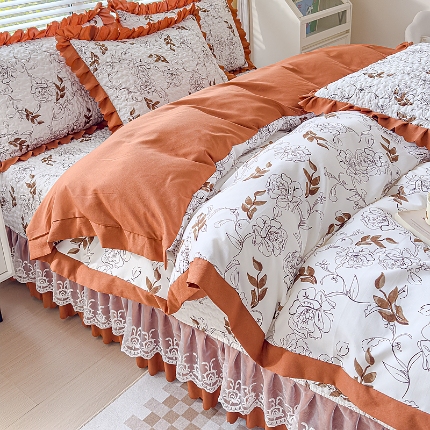 91家纺网 家纺一手货源 找家纺 佰诗特 2025A类双层纱水洗棉麻床盖四件套 夹棉印花花边床盖三件套加厚床裙