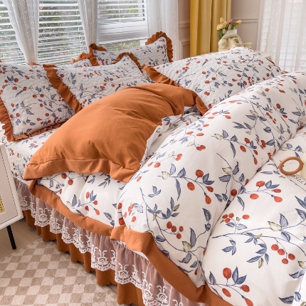 91家纺网 家纺一手货源 找家纺 佰诗特 2025A类双层纱水洗棉麻床盖四件套 夹棉印花花边床盖三件套加厚床裙