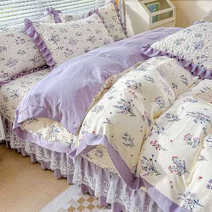 91家纺网 家纺一手货源 找家纺 佰诗特 2025A类双层纱水洗棉麻床盖四件套 夹棉印花花边床盖三件套加厚床裙