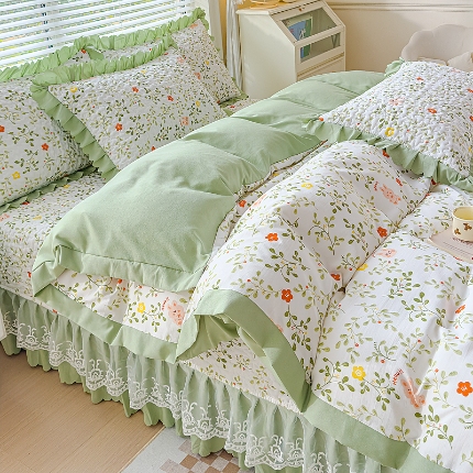 91家纺网 家纺一手货源 找家纺 佰诗特 2025A类双层纱水洗棉麻床盖四件套 夹棉印花花边床盖三件套加厚床裙