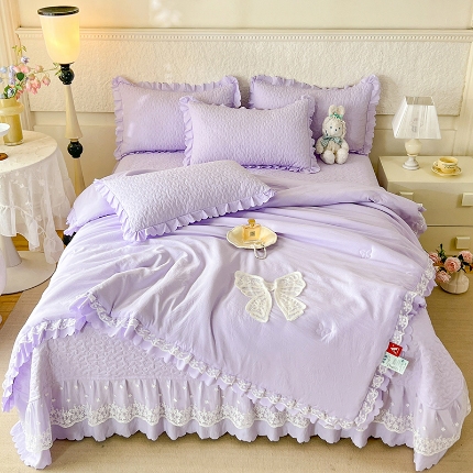 91家纺网 家纺一手货源 找家纺 （总）2025韩版少女心法式公主风水洗棉蕾丝花边夏被床盖款四件套泡泡棉小竺棉凉蝴蝶结夏被床盖款四件套