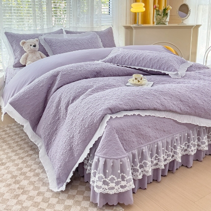 91家纺网 家纺一手货源 找家纺 水洗棉麻双层纱纯色多功能蕾丝床盖四件套 夹棉被套夏被两用套件直播爆款