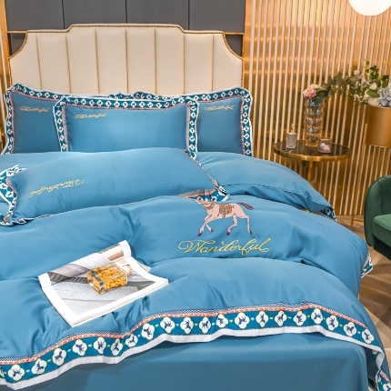 2025宽边数码印花水洗真丝绣花四件套 轻奢刺绣冰丝天丝套件