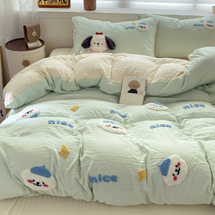 韩巢家纺 2024爆款四季通用超柔水洗棉毛巾绣四件套-哈哈狗系列（提供精美卖家秀） 哈哈狗浅绿黄