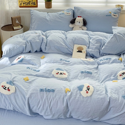 韩巢家纺 2024爆款四季通用超柔水洗棉毛巾绣四件套-哈哈狗系列（提供精美卖家秀） 哈哈狗浅蓝