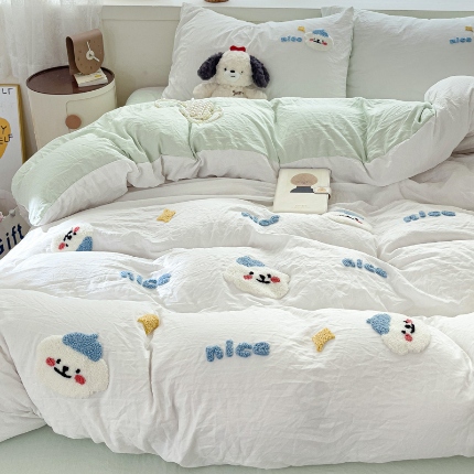 韩巢家纺 2024爆款四季通用超柔水洗棉毛巾绣四件套-哈哈狗系列（提供精美卖家秀） 哈哈狗白绿