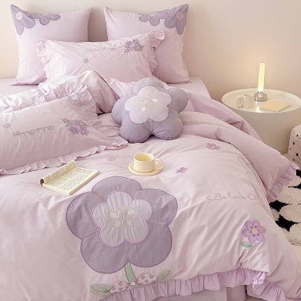 91家纺网 家纺一手货源 找家纺 绒梦里 2024新款A类全棉水洗棉贴布绣韩版花边四件套公主风床上用品套件