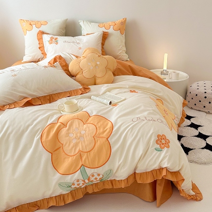 91家纺网 家纺一手货源 找家纺 绒梦里 2024新款A类全棉水洗棉贴布绣韩版花边四件套公主风床上用品套件