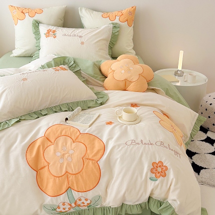 91家纺网 家纺一手货源 找家纺 绒梦里 2024新款A类全棉水洗棉贴布绣韩版花边四件套公主风床上用品套件