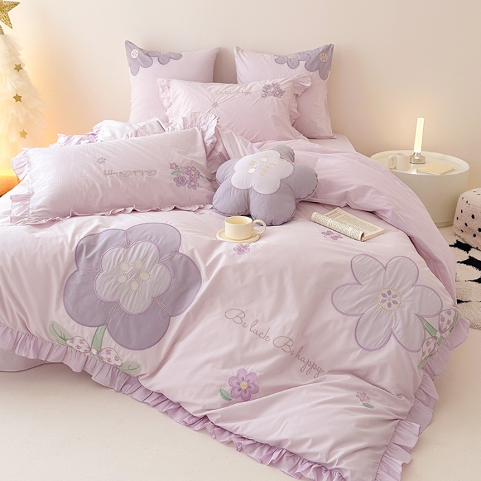 91家纺网 家纺一手货源 找家纺 绒梦里 2024新款A类全棉水洗棉贴布绣韩版花边四件套公主风床上用品套件