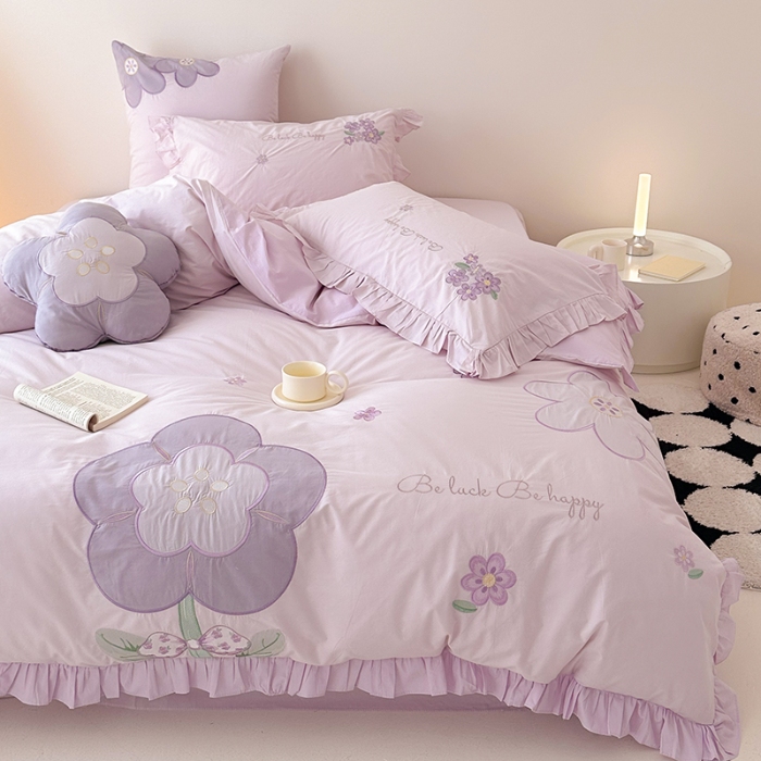 91家纺网 家纺一手货源 找家纺 绒梦里 2024新款A类全棉水洗棉贴布绣韩版花边四件套公主风床上用品套件