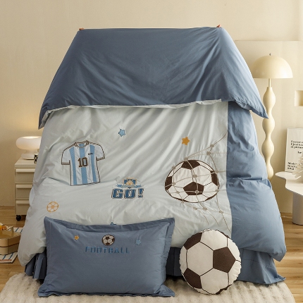 91家纺网 家纺一手货源 找家纺 2024款A类纯棉水洗棉贴布绣四件套全棉卡通儿童三件套上下铺床套件-足球系列