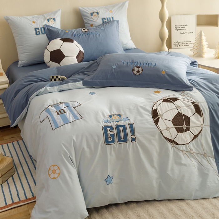91家纺网 家纺一手货源 找家纺 2024款A类纯棉水洗棉贴布绣四件套全棉卡通儿童三件套上下铺床套件-足球系列